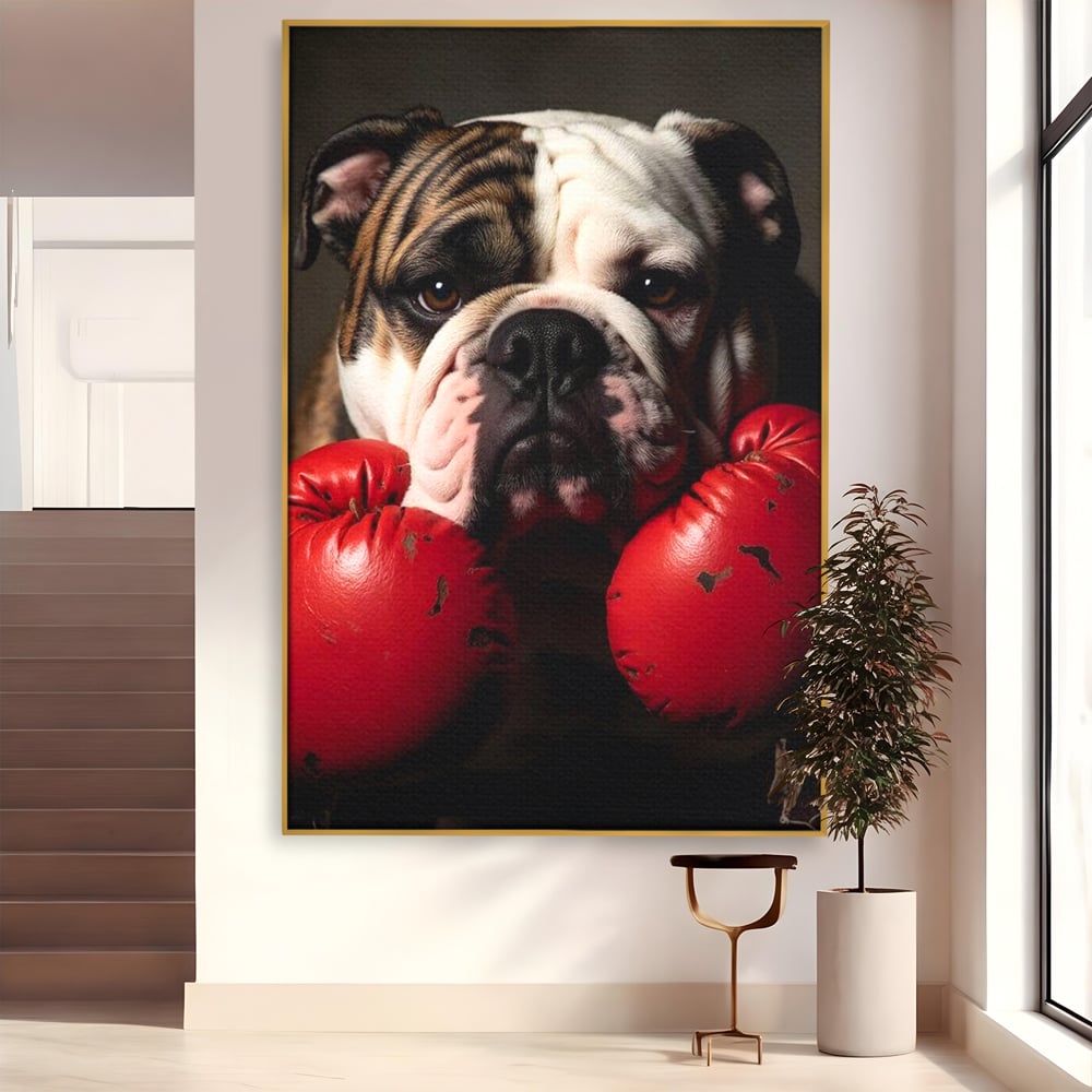 Tablou canvas cu tablou canvas cu bulldog in manusi de box, in rama de aluminiu auriu
